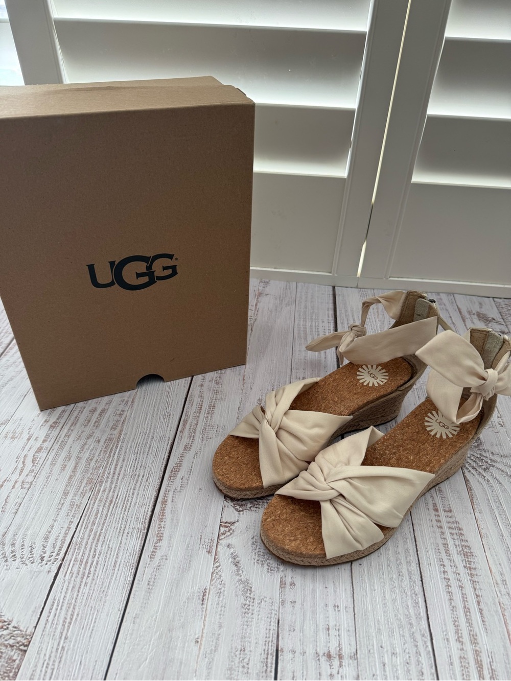 UGG Women's Cream Knotted Ankle-Tie Wedge Sandals